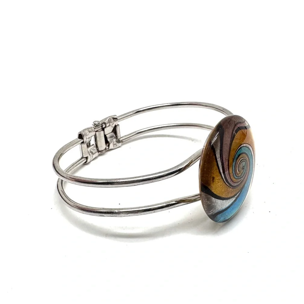Vintage Dichroic Art Glass Silvertone Hinged Bangle Clamper Bracelet